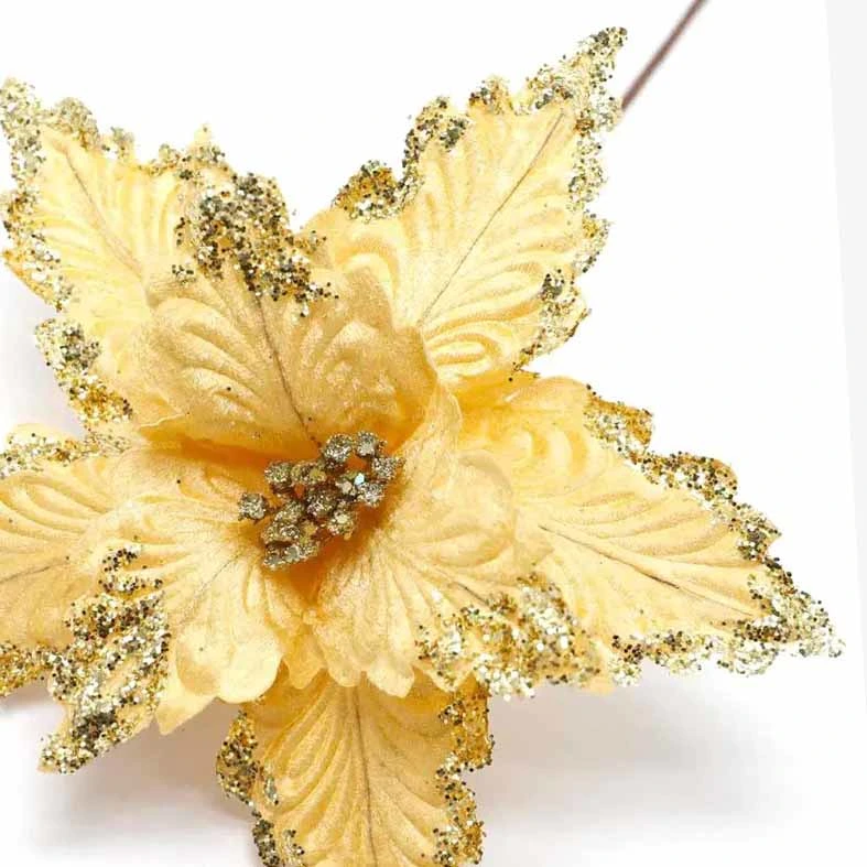 Artificial Flowers Christmas Yellow Velvet Poinsettia Sparkling Christmas Flowers for Home Decoration Christmas Ornament